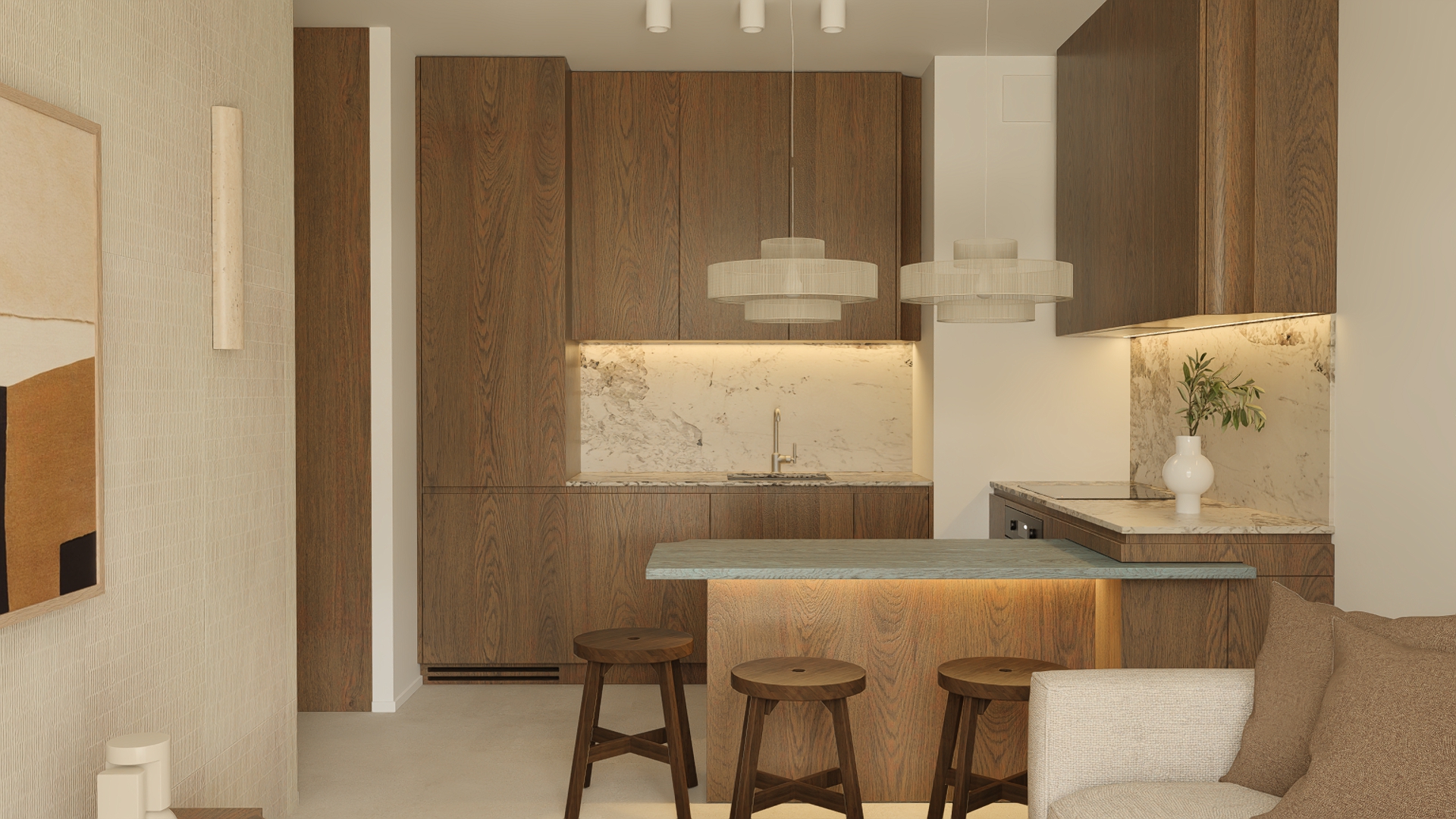 Salon z kuchnią w stylu warm minimalism