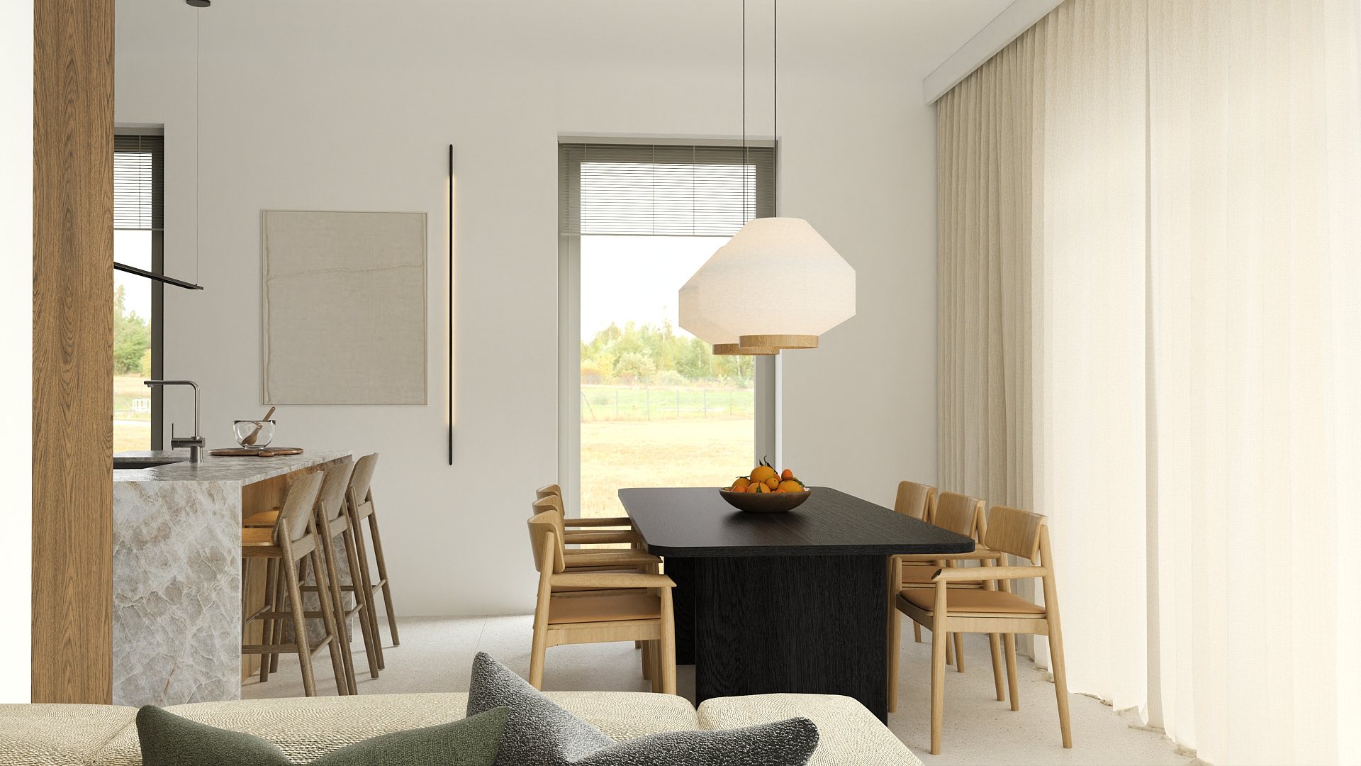 Nastrojowa jadalnia z drewnianym czarnym stołem