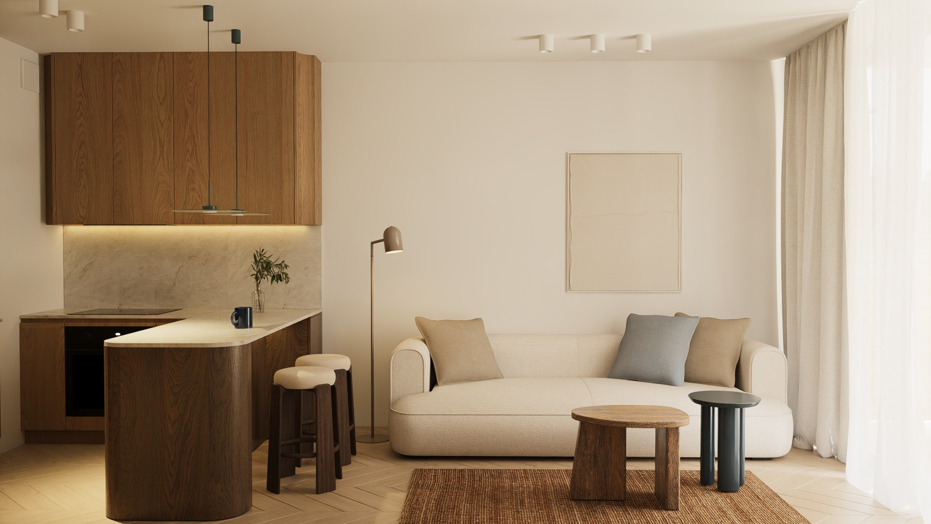 Salon z kuchnią w stylu japandi